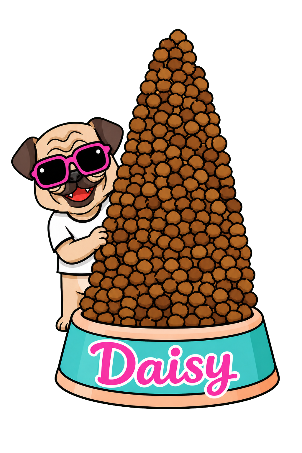 Daisy the pug beside an overflowing food bowl labeled Daisy